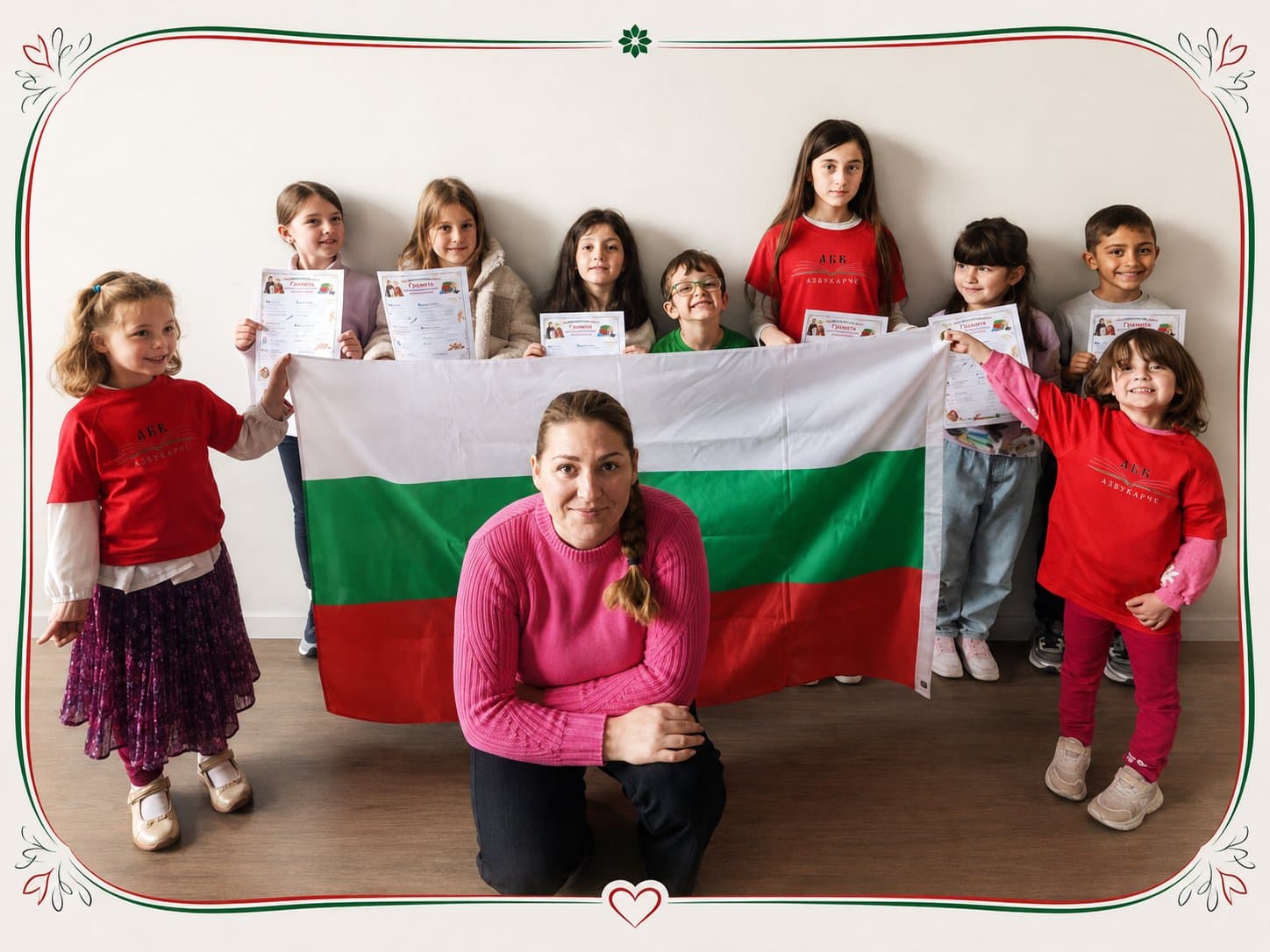 Учителка и ученици на „Азбукарче“ с българското знаме и грамотите си